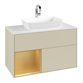 V&B Meuble sous-lavabo Finion 100, blanc mat, poignée or mat laqué, gris argent mat laqué