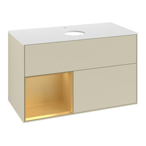 V&B Meuble sous-lavabo Finion 100, blanc mat, poignée or mat laqué, gris argent mat laqué