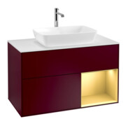 V&B Meuble sous lavabo Finion 100, blanc mat, poignée or mat, miroir avec éclairage