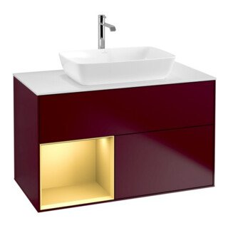 V&B Meuble sous lavabo Finion 100, blanc mat, poignée or mat, miroir Peo m