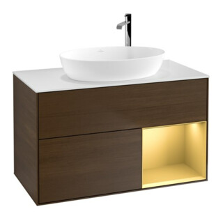 V&B Meuble sous lavabo Finion 100, blanc mat, poignée or mat, noyer veiné