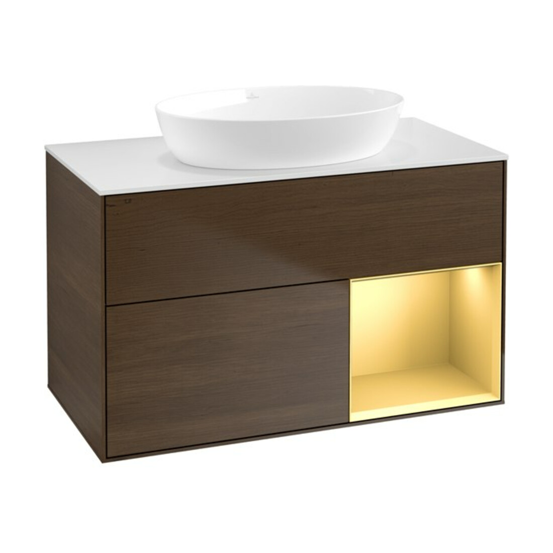 V&B Meuble sous-lavabo Finion 100, blanc mat, poignée or mat, placage noyer