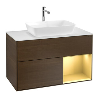 V&B Meuble sous lavabo Finion 100, blanc mat, poignée or mat, placage noyer veinée