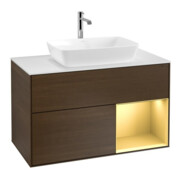 V&B Meuble sous lavabo Finion 100, blanc mat, poignée or mat, placage noyer veinée