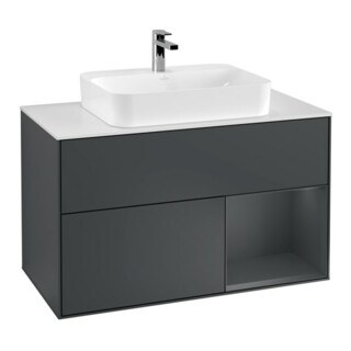 V&B Meuble sous lavabo Finion 100, blanc mat, poignée rouge mat, laqué mat