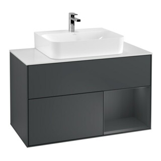 V&B Meuble sous lavabo Finion 100, blanc mat, poignée rouge mat laquée, laquée mat