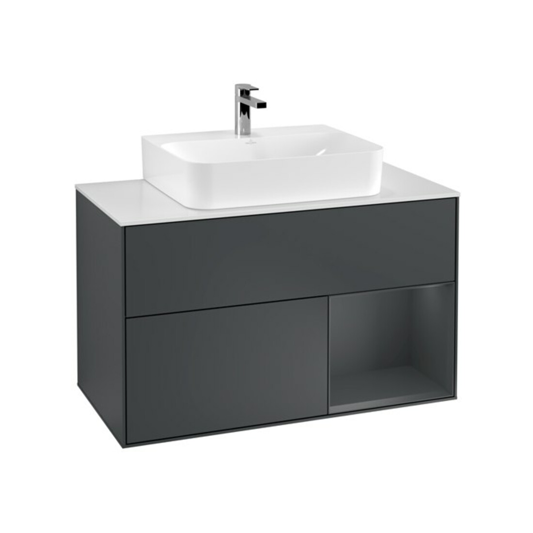 V&B Meuble sous lavabo Finion 100, blanc mat, poignée rouge mat laquée, laquée mat