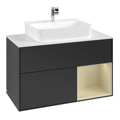 V&B Meuble sous lavabo Finion 100, blanc mat, poignée rouge satinée, gris mat laqué, bleu mat laqué