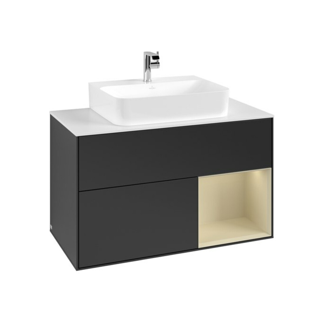 V&B Meuble sous lavabo Finion 100, blanc mat, poignée rouge satinée, gris mat laqué, bleu mat laqué