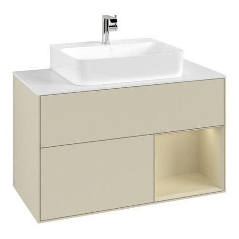 V&B Meuble sous lavabo Finion 100, blanc mat, poignée rouge satinée, laqué gris mat