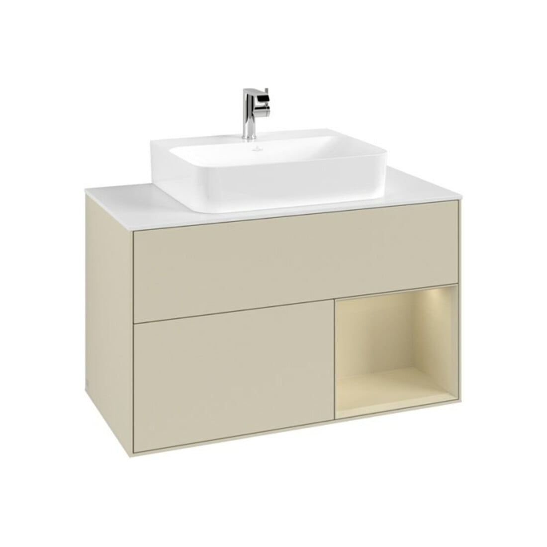V&B Meuble sous lavabo Finion 100, blanc mat, poignée rouge satinée, laqué gris mat