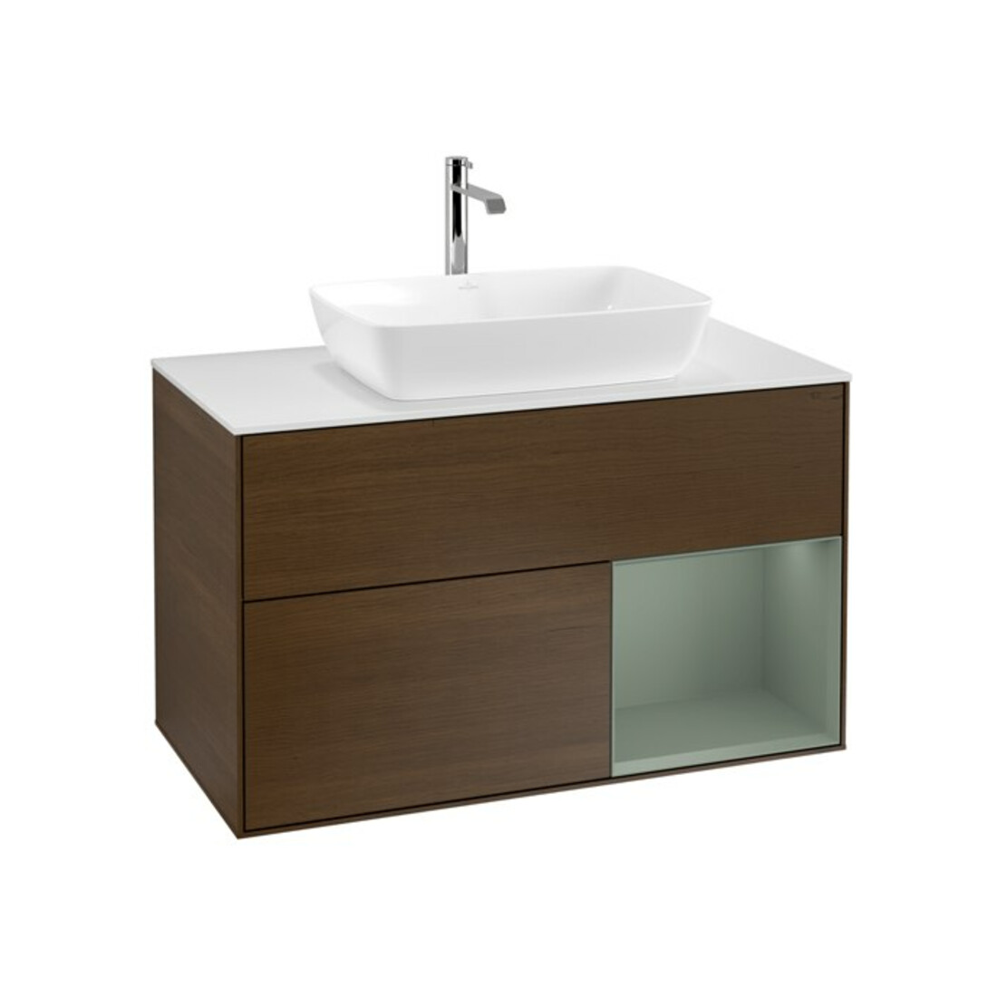 V&B Meuble sous lavabo Finion 100, blanc mat, porte à gauche, avec laque, placage noyer
