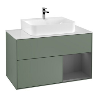 V&B Meuble sous lavabo Finion 100, blanc mat, porte anthracite mat, poignée laquée