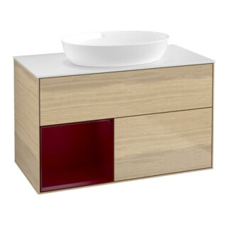 V&B Meuble sous lavabo Finion 100, blanc mat, porte avec laque, ouverture ventouse