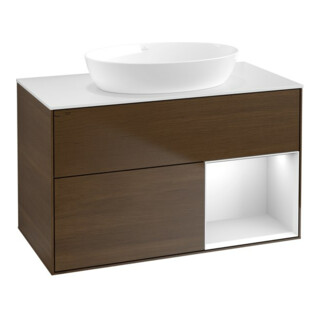 V&B Meuble sous lavabo Finion 100, blanc mat, porte blanc mat, laqué, veinage noyer