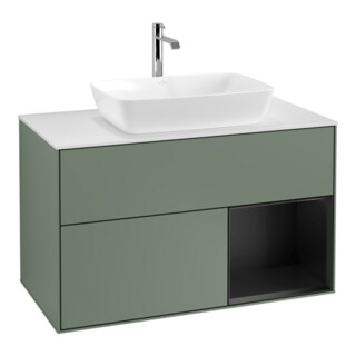 V&B Meuble sous lavabo Finion 100, blanc mat, porte bleue laquée, poignée laquée