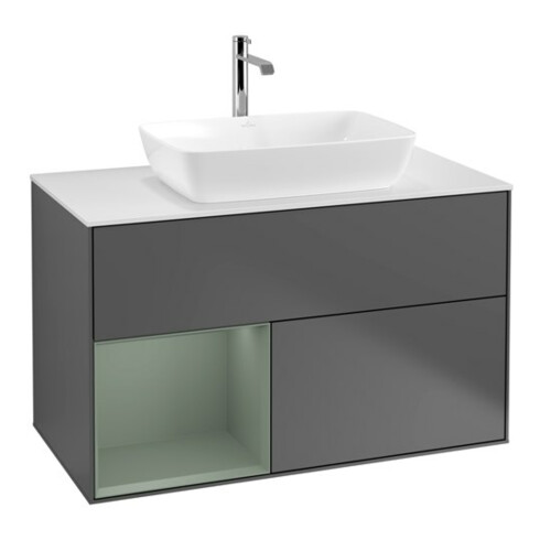 V&B Meuble sous lavabo Finion 100, blanc mat, porte coulissante, anthracite mat
