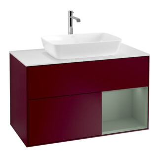 V&B Meuble sous-lavabo Finion 100, blanc mat, porte coulissante avec laque, poignée métal