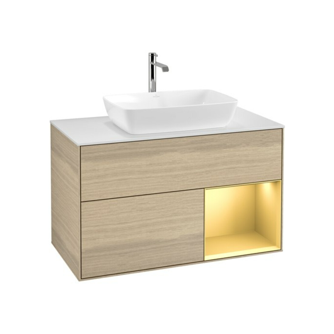 V&B Meuble sous lavabo Finion 100, blanc mat, porte coulissante avec laque, poignée ven