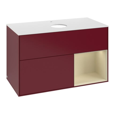 V&B Meuble sous-lavabo Finion 100, blanc mat, porte coulissante, miroir mat, poignée métal