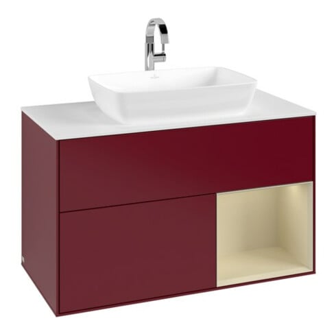 V&B Meuble sous-lavabo Finion 100, blanc mat, porte coulissante, miroir mat, poignée métal