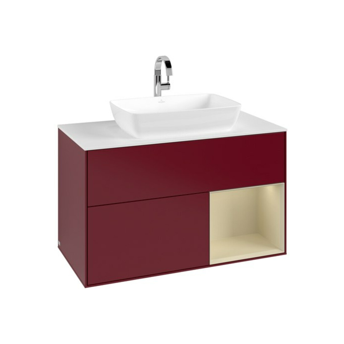 V&B Meuble sous-lavabo Finion 100, blanc mat, porte coulissante, miroir mat, poignée métal