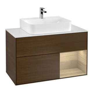 V&B Meuble sous lavabo Finion 100, blanc mat, porte droite, poignée bois chêne