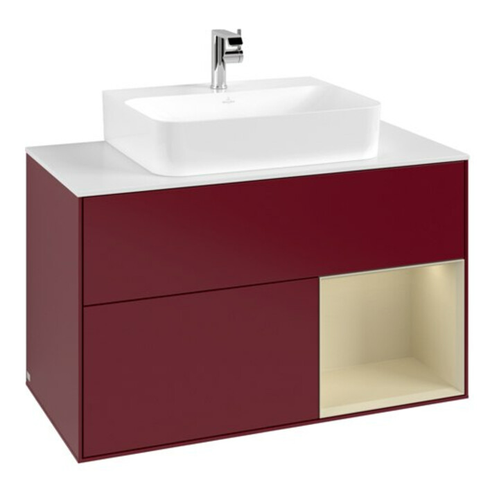 V&B Meuble sous lavabo Finion 100, blanc mat, porte droite, poignée laquée, miroir
