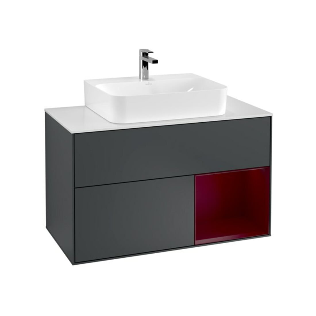V&B Meuble sous lavabo Finion 100, blanc mat, porte droite, poignée métal bleu mat laqué