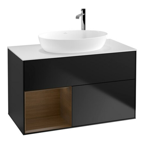 V&B Meuble sous lavabo Finion 100, blanc mat, porte en noyer, façade bleue mate laquée