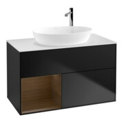V&B Meuble sous lavabo Finion 100, blanc mat, porte en noyer, façade bleue mate laquée