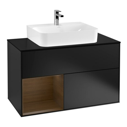 V&B Meuble sous lavabo Finion 100, blanc mat, porte gauche, poignée bois, bleu mat Lac