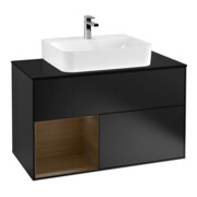 V&B Meuble sous lavabo Finion 100, blanc mat, porte gauche, poignée bois, bleu mat Lac-1