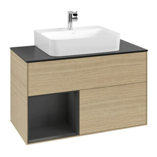 V&B Meuble sous lavabo Finion 100, blanc mat, porte gauche, poignée métal laqué, ouverture à pression