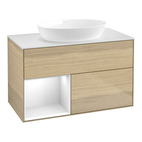 V&B Meuble sous lavabo Finion 100, blanc mat, porte laquée blanc brillant, poignée ven