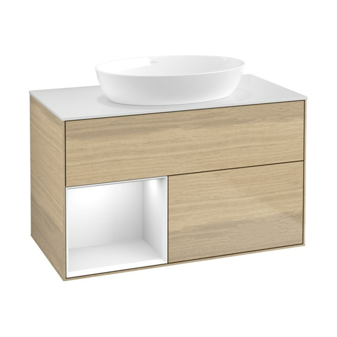 V&B Meuble sous lavabo Finion 100, blanc mat, porte laquée blanc brillant, poignée ven