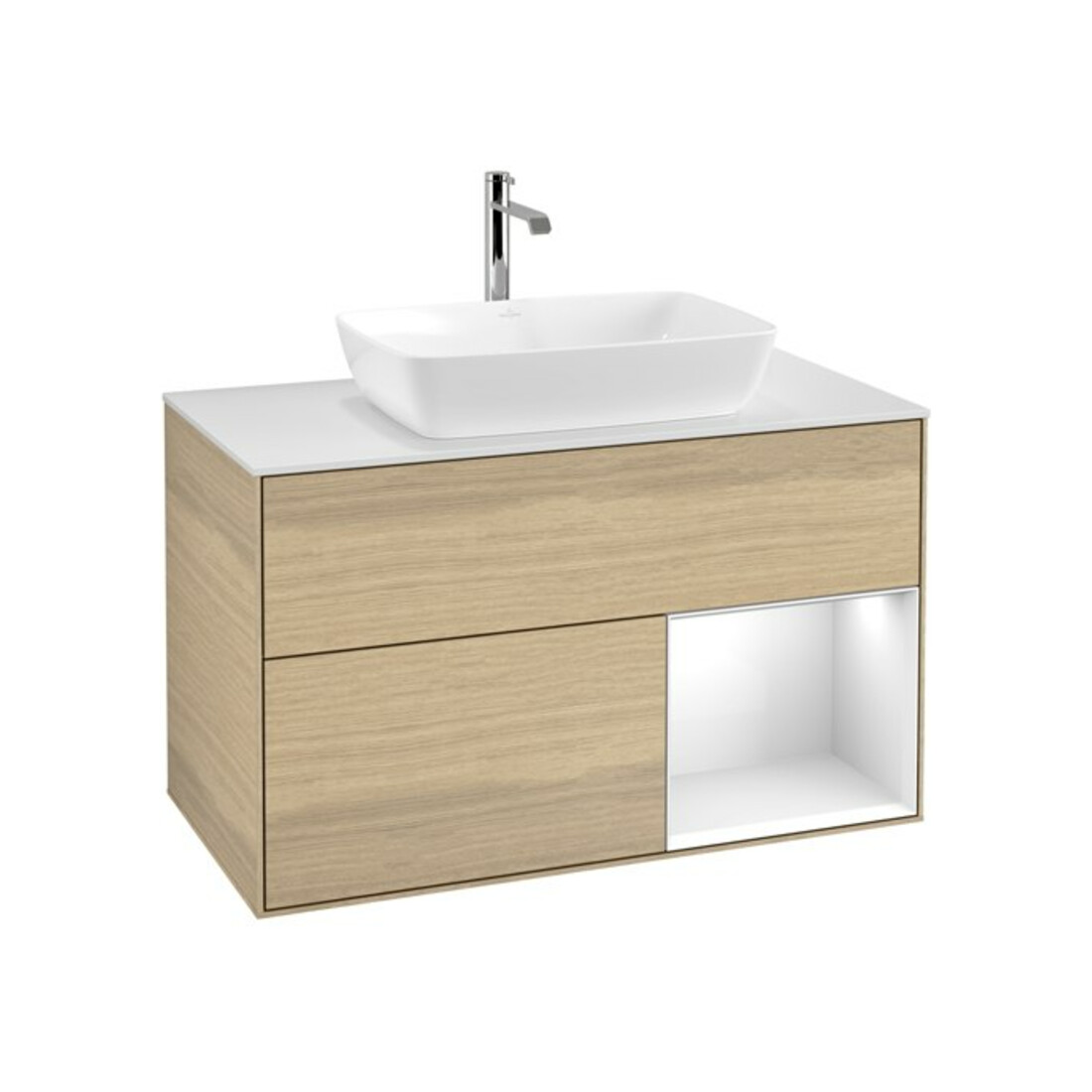 V&B Meuble sous lavabo Finion 100, blanc mat, porte laquée blanche, poignée ven