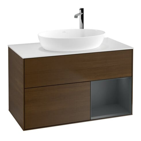 V&B Meuble sous-lavabo Finion 100, blanc mat, porte médiane avec laque, noyer veinée
