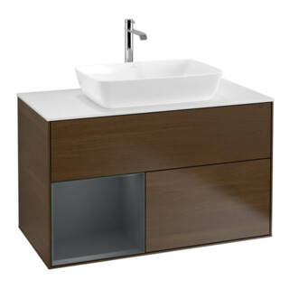 V&B Meuble sous lavabo Finion 100, blanc mat, porte médiane avec laque, noyer veinée