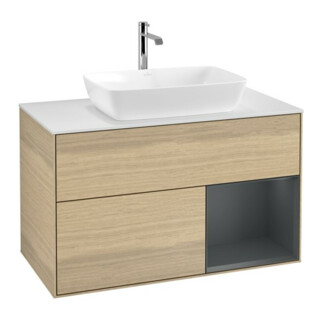 V&B Meuble sous-lavabo Finion 100, blanc mat, porte médiane avec laque, poignée ven