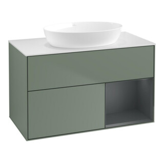 V&B Meuble sous lavabo Finion 100, blanc mat, porte médiane laquée, poignée laquée