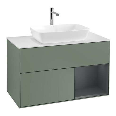 V&B Meuble sous lavabo Finion 100, blanc mat, porte médiane laquée, poignée laquée