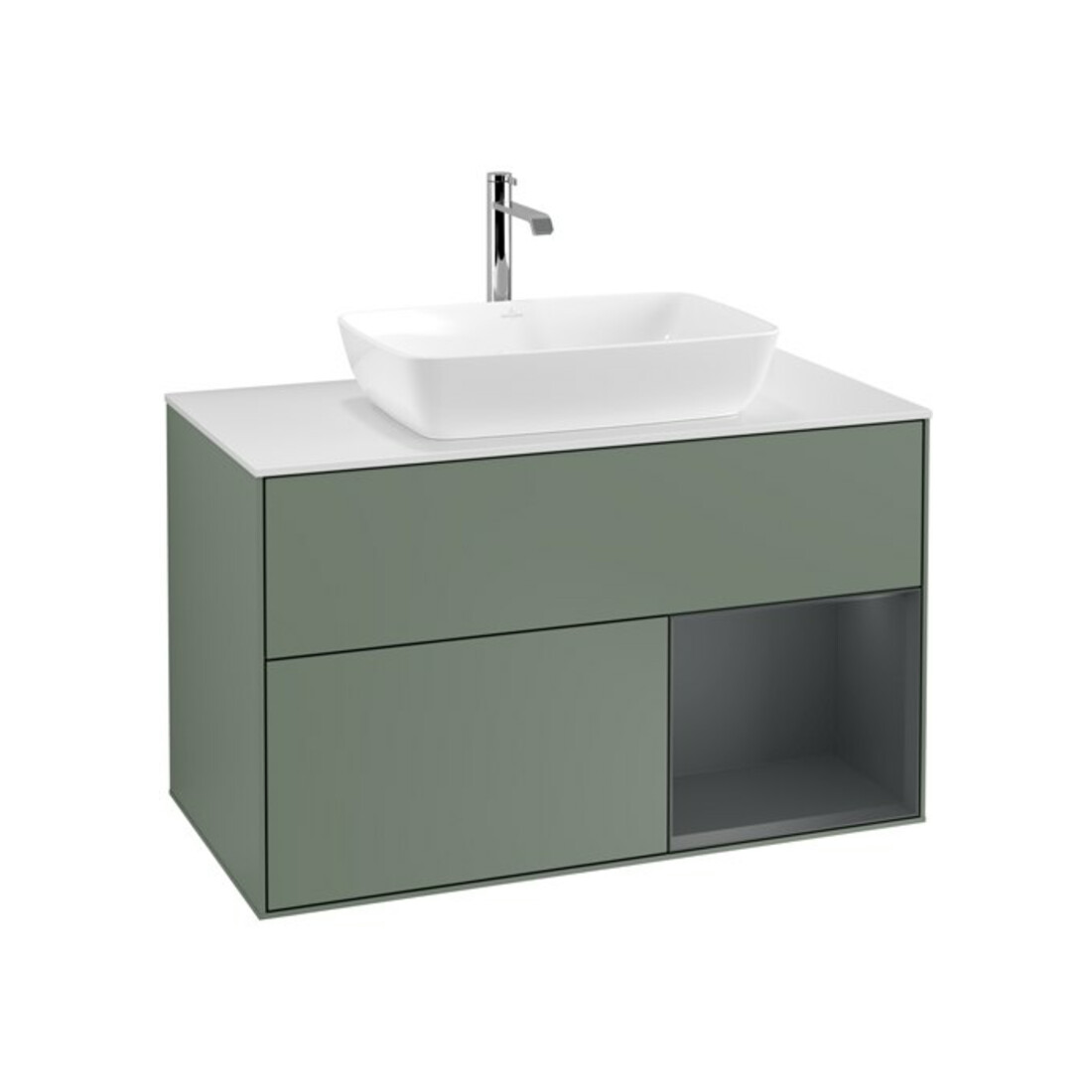 V&B Meuble sous lavabo Finion 100, blanc mat, porte médiane laquée, poignée laquée