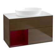V&B Meuble sous-lavabo Finion 100, blanc mat, porte Peo mat laqué, veinage noyer