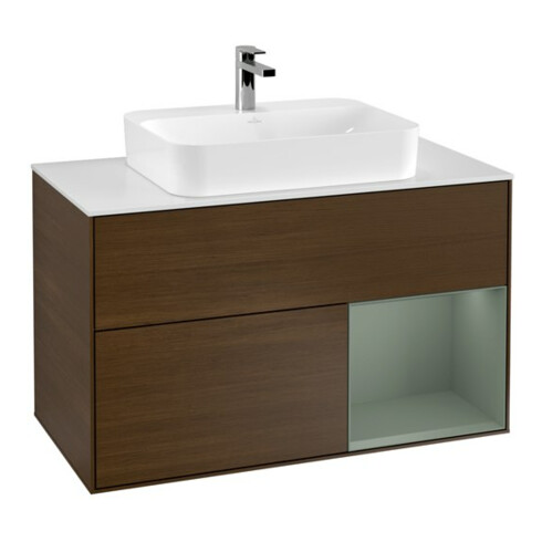 V&B Meuble sous lavabo Finion 100, blanc mat, rangement à droite, olivier mat avec laque, veinage noyer