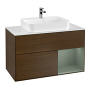 V&B Meuble sous lavabo Finion 100, blanc mat, rangement à droite, olivier mat avec laque, veinage noyer