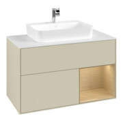 V&B Meuble sous lavabo Finion 100, blanc mat, rangement à droite, poignée en métal laqué gris mat