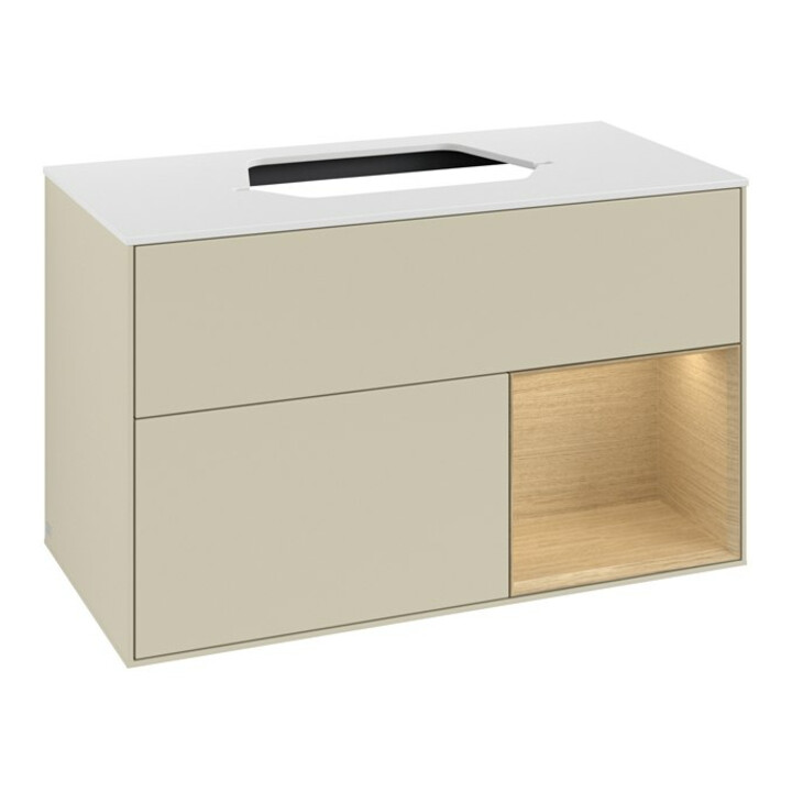 V&B Meuble sous lavabo Finion 100, blanc mat, rangement à droite, poignée en métal laqué gris mat