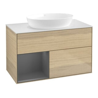 V&B Meuble sous-lavabo Finion 100, blanc mat, rangement anthracite mat, ouverture à ven