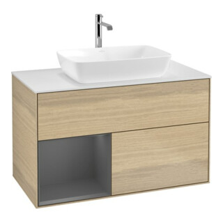 V&B Meuble sous lavabo Finion 100, blanc mat, rangement anthracite mat, ouverture ven